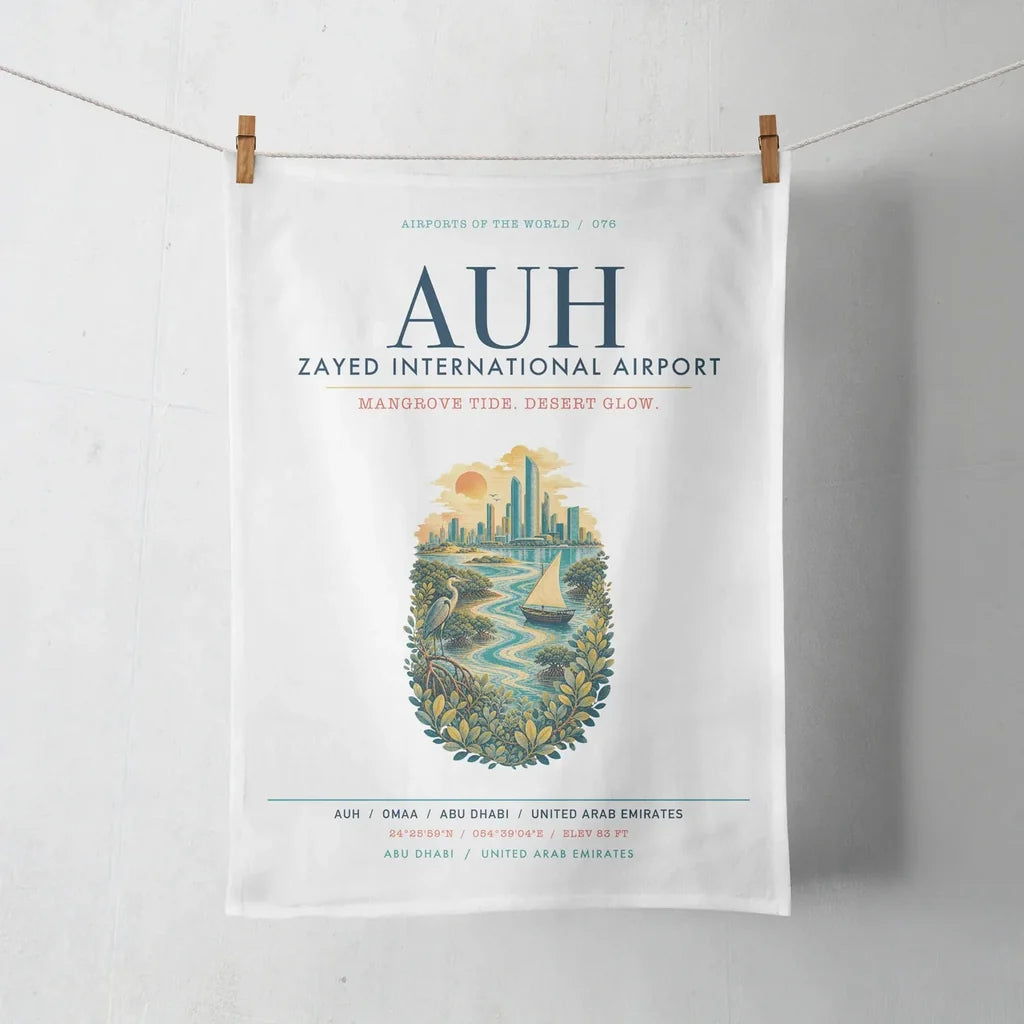 Abu Dhabi Zayed International Airport (AUH) design on white towel