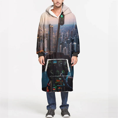 Amazing City View from Helicopter Cockpit aviation design on soft fleece blanket hoodie.