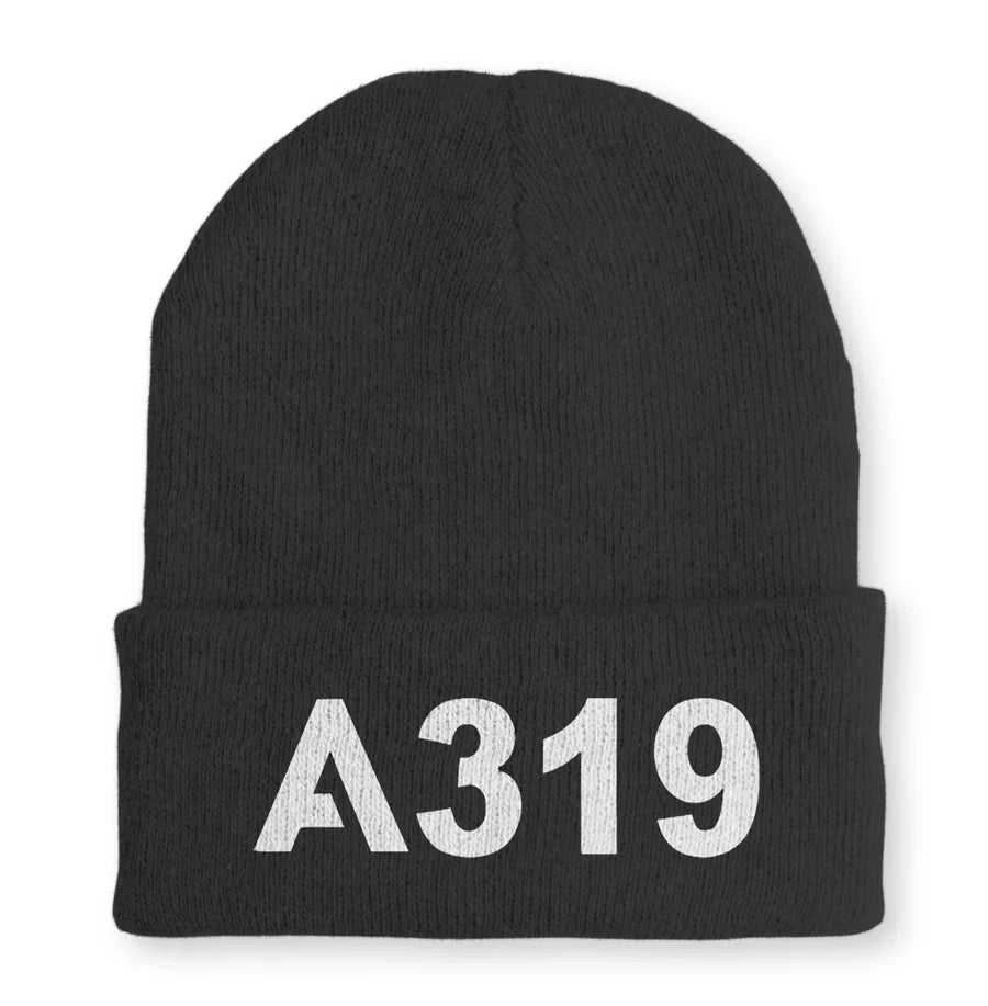 Airbus A319 Flat Text Embroidered aviation embroidery on soft knit fabric beanie.