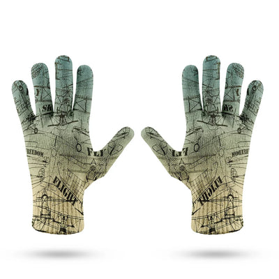 Retro Airplanes & Text aviation design on soft knit fabric gloves.