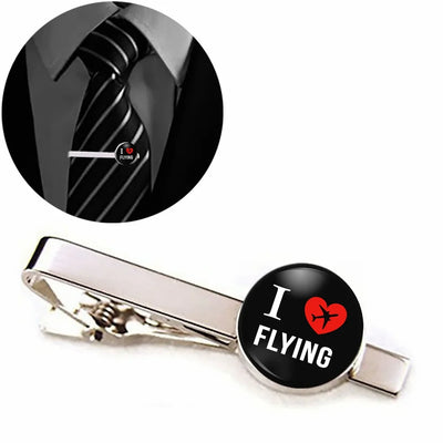 Side view of I Love Flying aviation tie clip in stainless steel, polished finish.