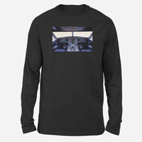 Thumbnail for Airbus A320 Cockpit (Wide) Long-Sleeve aviation design printed on soft cotton long-sleeve T-shirt.