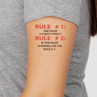 Rule 1 - Pilot is Always Correct aviation temporary tattoo in skin-safe adhesive paper.