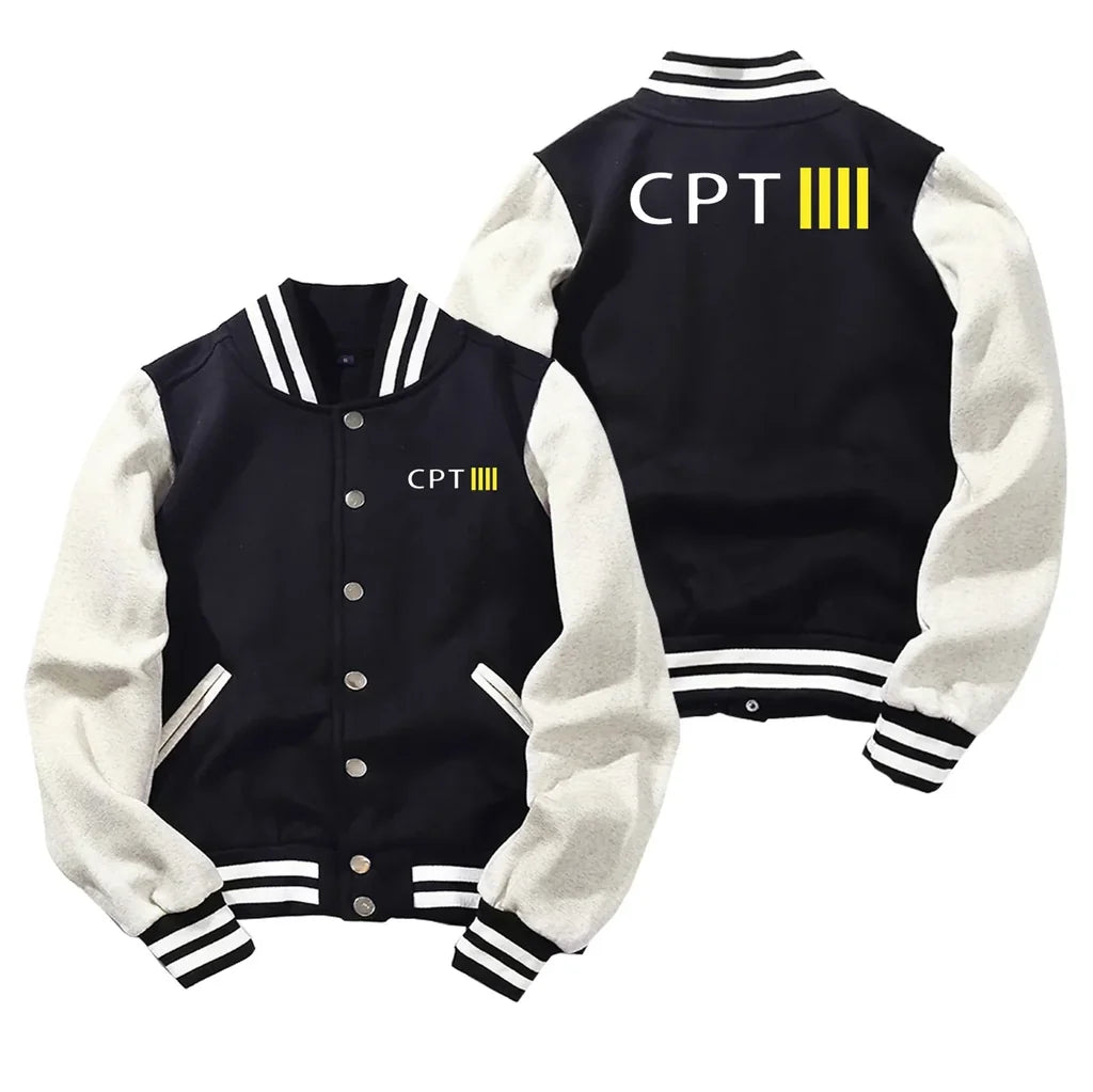 CPT & 4 Lines Baseball Style aviation design printed on two-tone shell with ribbed cuffs baseball jacket.