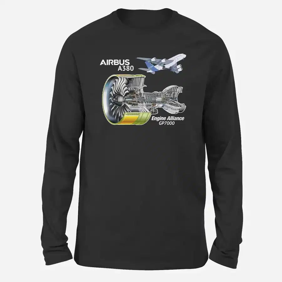 Airbus A380 & GP7000 Engine Long-Sleeve aviation design printed on soft cotton long-sleeve T-shirt.