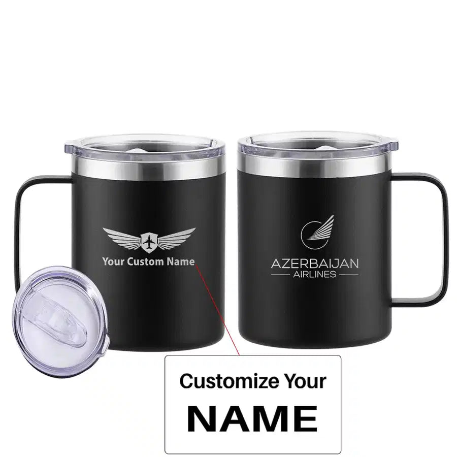 Azerbaijan Airlines aviation design on laser-engraved mug, permanent laser engraving on stainless.