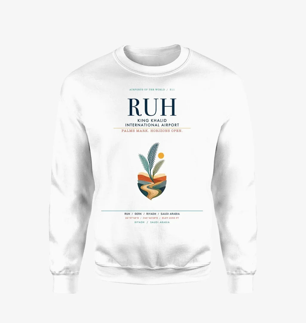 King Khalid International Airport (RUH) design on white sweatshirt