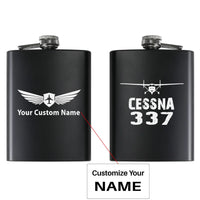 Thumbnail for Cessna 337 & Plane aviation design on stainless hip flask, compact pocket-size flask.