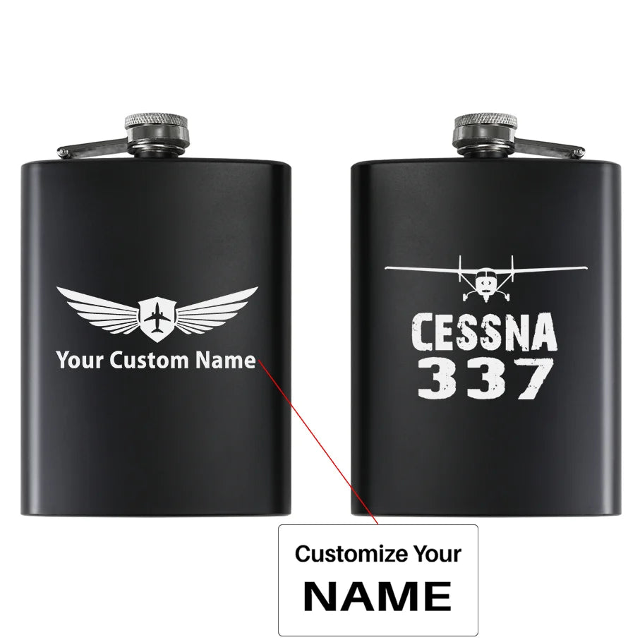 Cessna 337 & Plane aviation design on stainless hip flask, compact pocket-size flask.
