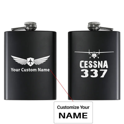 Cessna 337 & Plane aviation design on stainless hip flask, compact pocket-size flask.