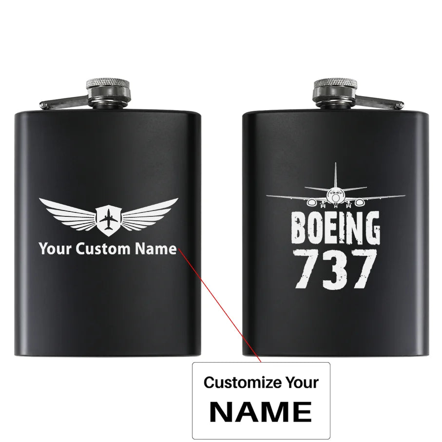 Boeing 737 & Plane aviation design on stainless hip flask, compact pocket-size flask.