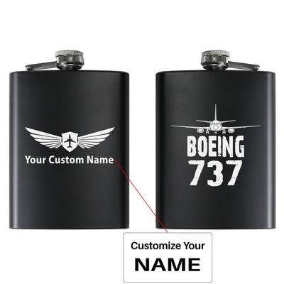 Boeing 737 & Plane aviation design on stainless hip flask, compact pocket-size flask.