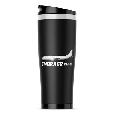 The Embraer ERJ-175 aviation design on travel mug no-holder, insulated double-wall.