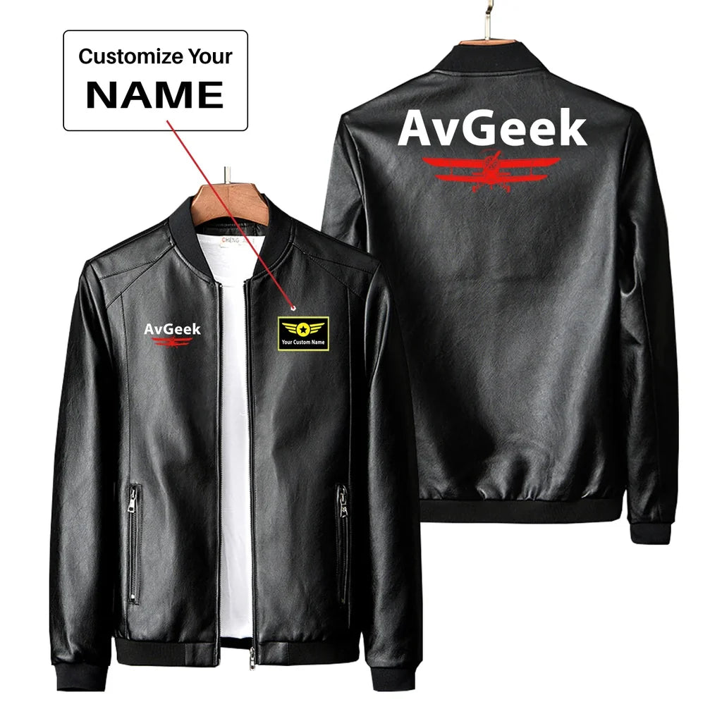 Avgeek PU aviation design printed on genuine leather with quilted lining leather jacket.