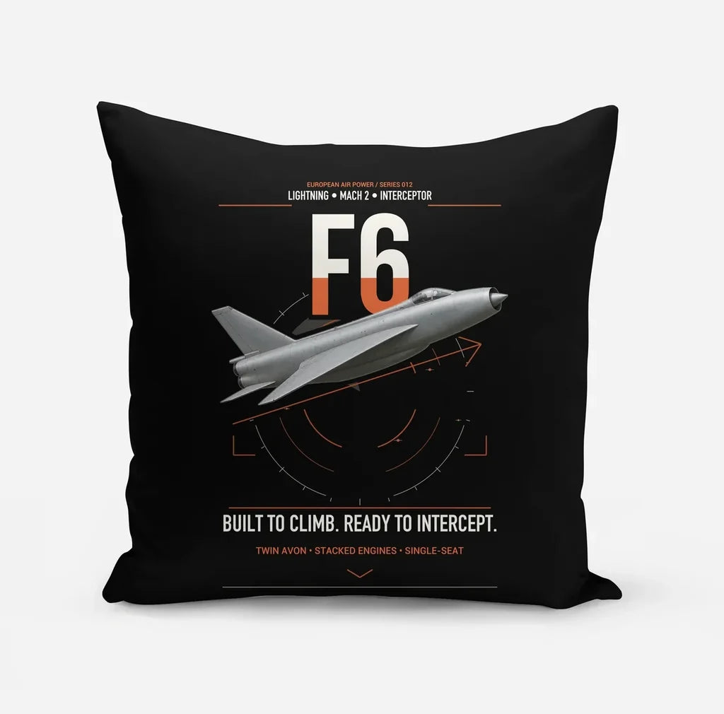 English Electric Lightning F6 design on black pillow