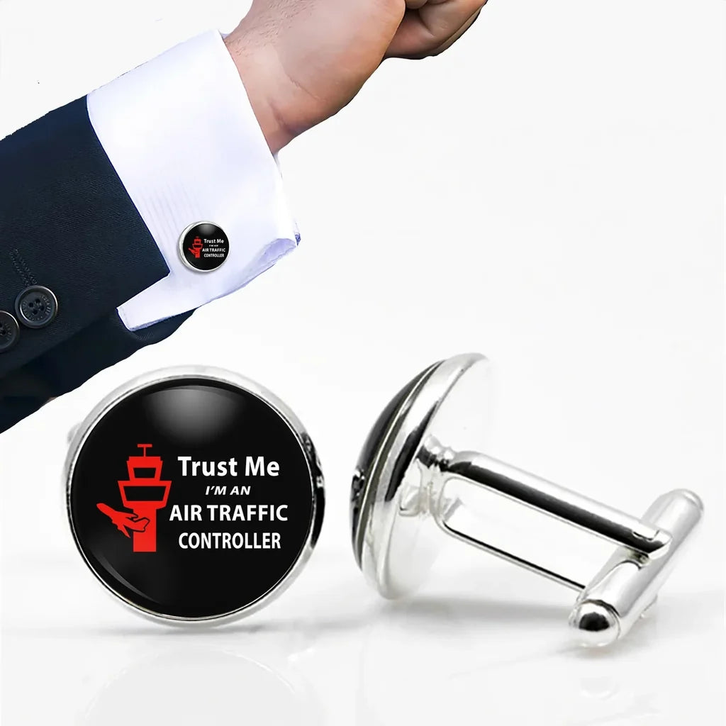 Trust Me I'm an Air Traffic Controller aviation cuff links, polished metal body with engraved detail.