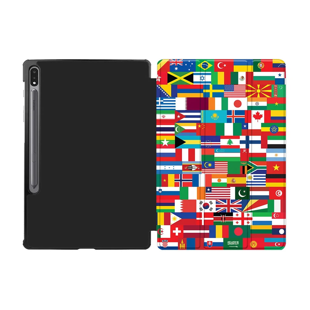 World Flags aviation design on tablet case for Samsung tablet.