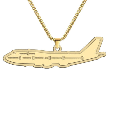Boeing 747 - Queen of the Skies aviation hollow necklace, polished metal body with engraved detail.