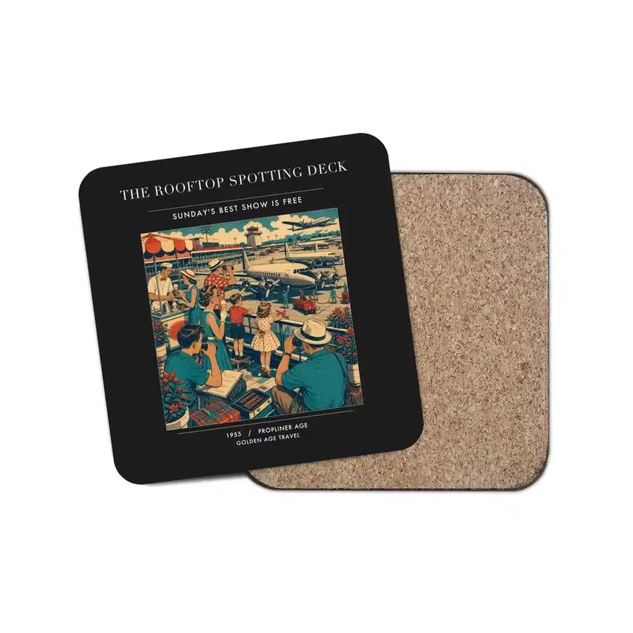 The Rooftop Spotting Deck - Designed Coasters design on black 1-piece