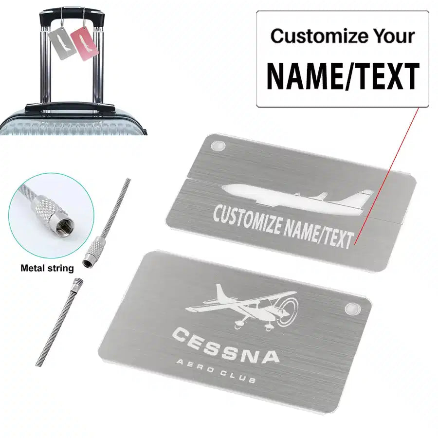 Cessna Aeroclub aviation design aluminum airplane luggage tag, aircraft-grade aluminum construction.