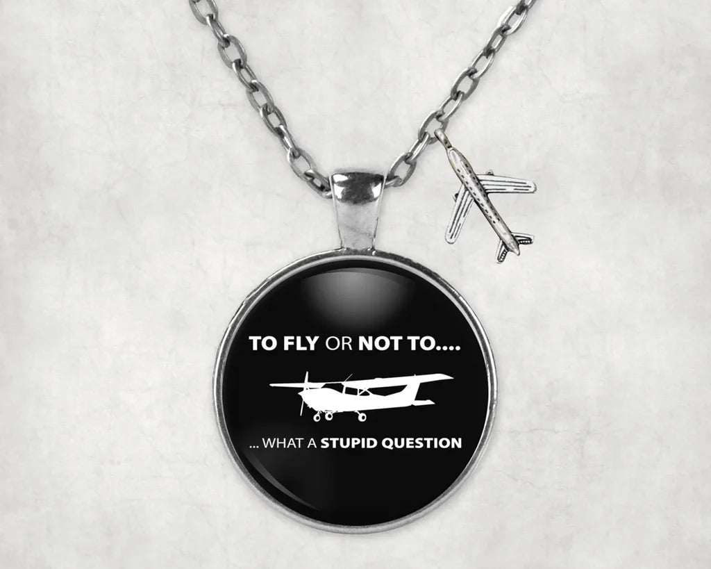Side view of To Fly or Not To What a Stupid Question aviation necklace in stainless steel, polished finish.