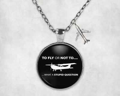 Side view of To Fly or Not To What a Stupid Question aviation necklace in stainless steel, polished finish.