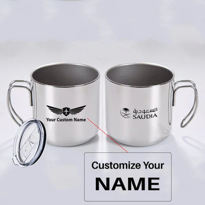 Saudi Arabian Airlines aviation design on portable mug, vacuum-insulated double-wall.