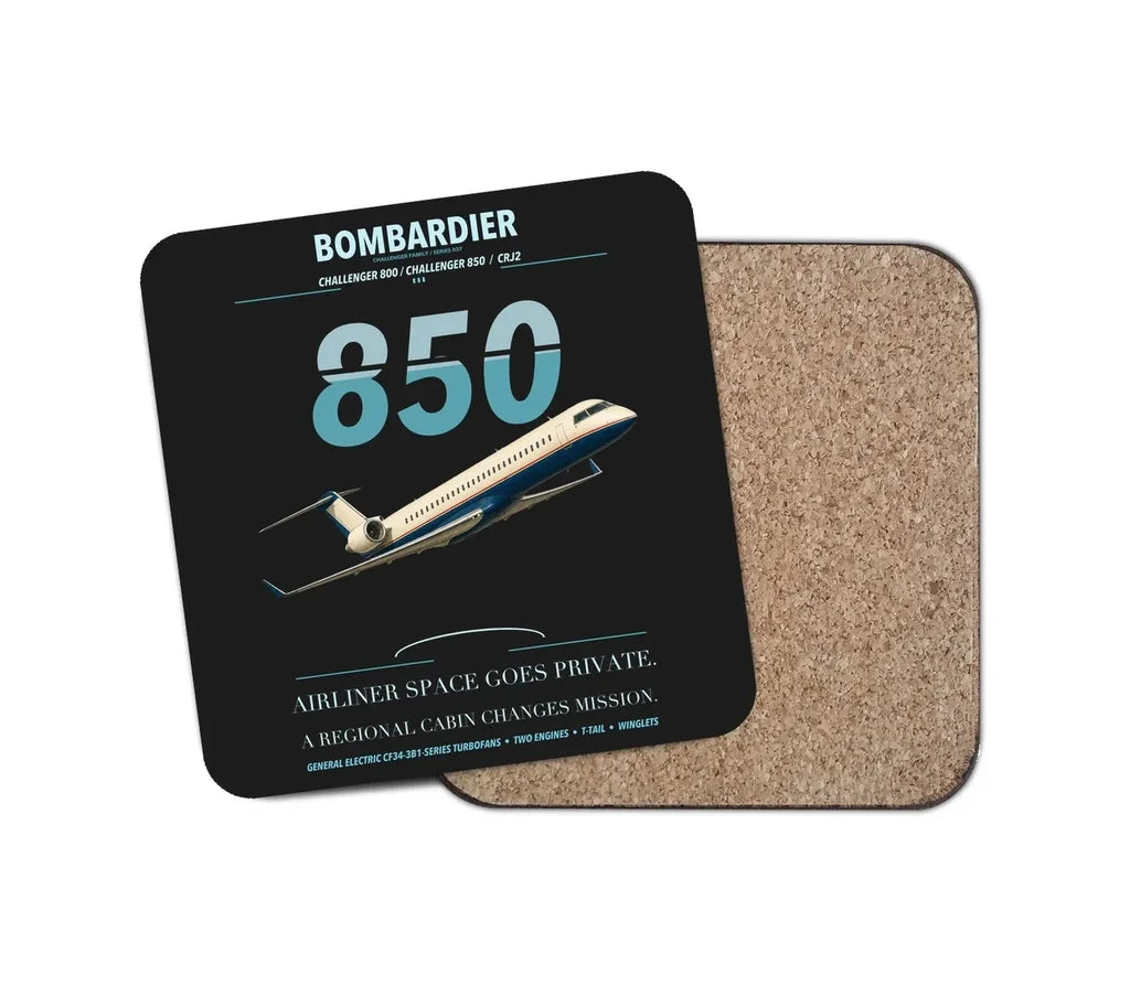 Bombardier Challenger 850 design on black 1 piece coaster