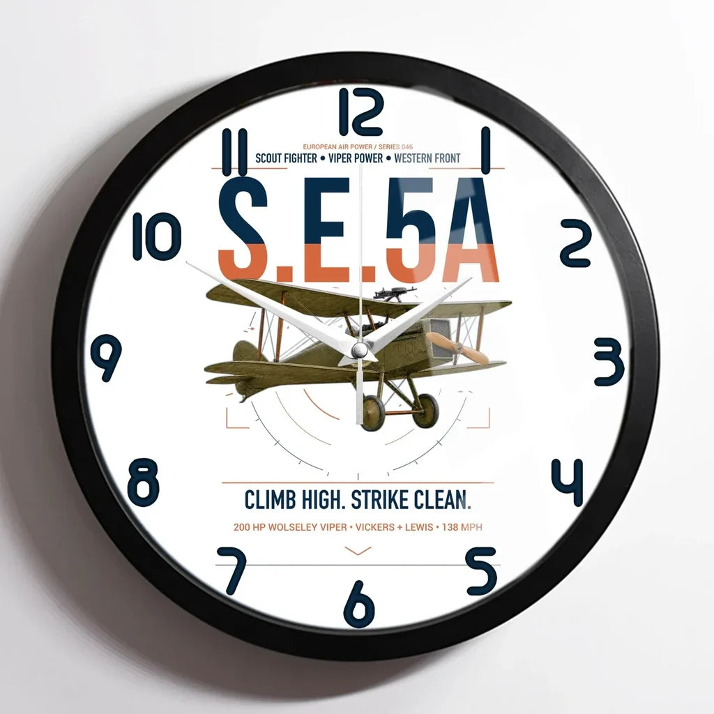 Royal Aircraft Factory S.E.5a design on white framed wall clock