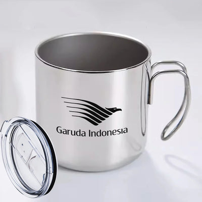 Garuda Indonesia Airlines aviation design on portable mug, vacuum-insulated double-wall.