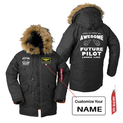 Future aviation design printed on heavyweight shell with hooded warmth parka bomber.