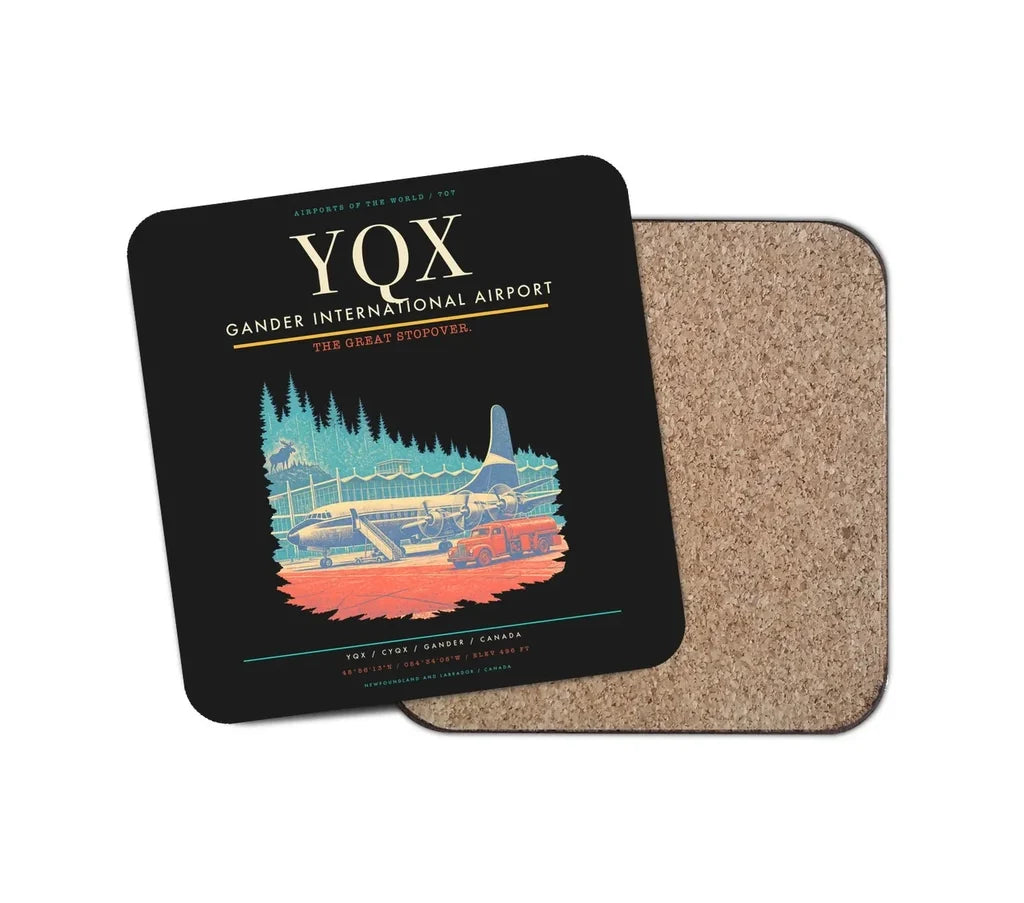 Gander International Airport (YQX) design on black 1 piece coaster