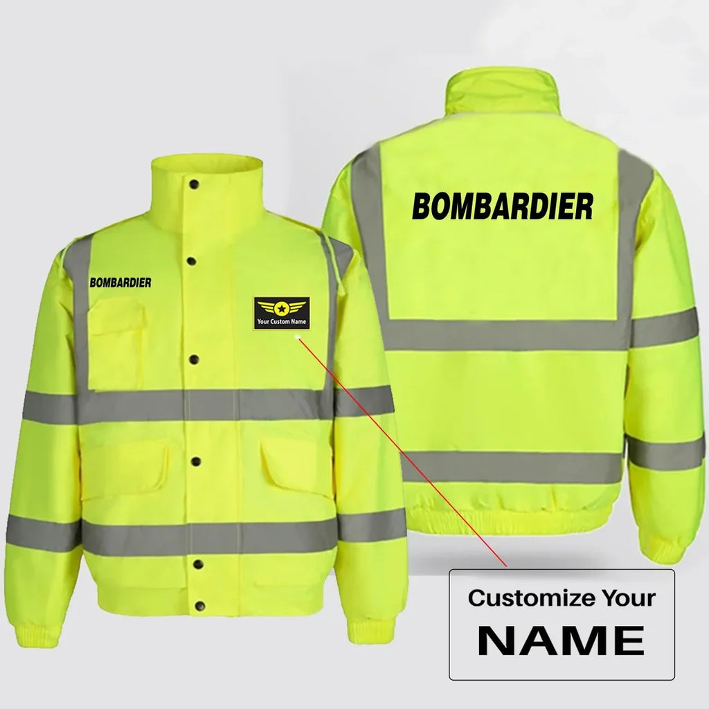 Bombardier & Text aviation design printed on insulated shell with high-visibility reflective panels reflective winter jacket.