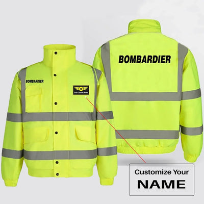 Bombardier & Text aviation design printed on insulated shell with high-visibility reflective panels reflective winter jacket.
