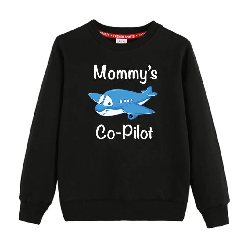 Mommy's Co-Pilot (Jet Airplane) "CHILDREN" aviation design printed on soft cotton blend kids' sweatshirt.