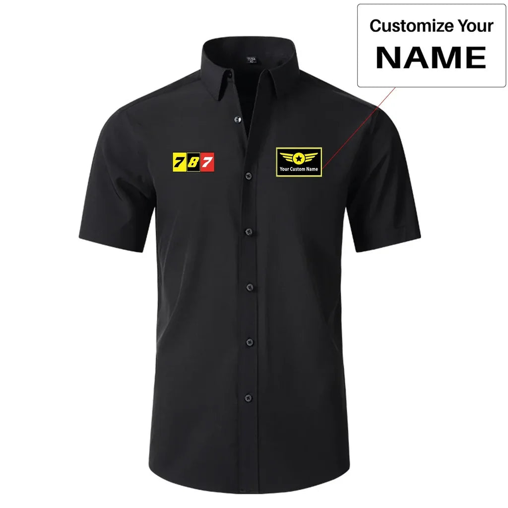 Flat Colourful 787 Short Sleeve aviation design printed on soft cotton 2D-printed shirt.
