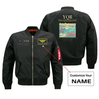 Thumbnail for Regina International Airport (YQR) design on black bomber jacket with custom name patch