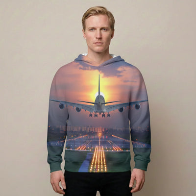 Super Boeing 747 Landing During Sunset Printed aviation design printed on soft cotton 3D-print T-shirt.