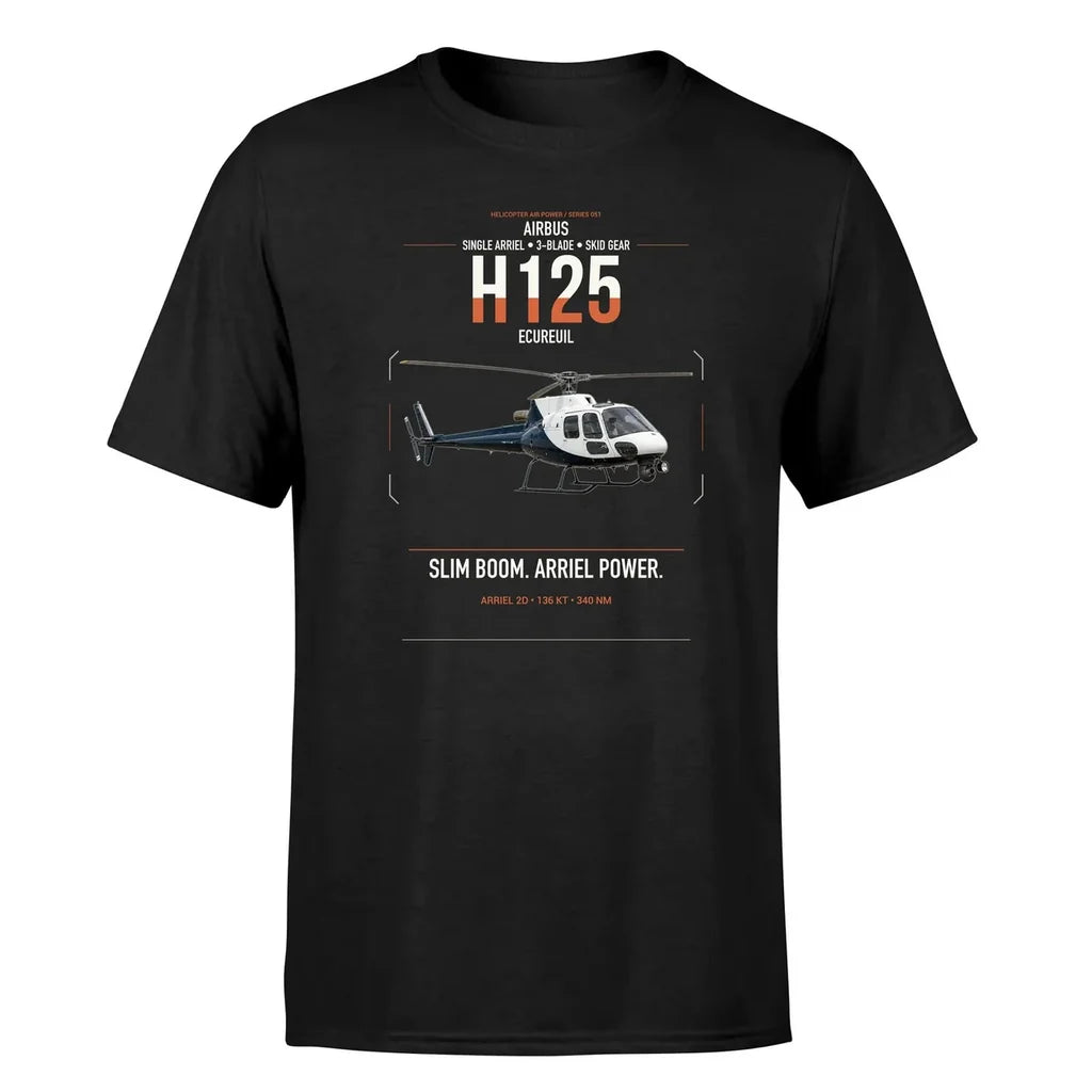 Airbus H125 design on black t-shirt, single-side print