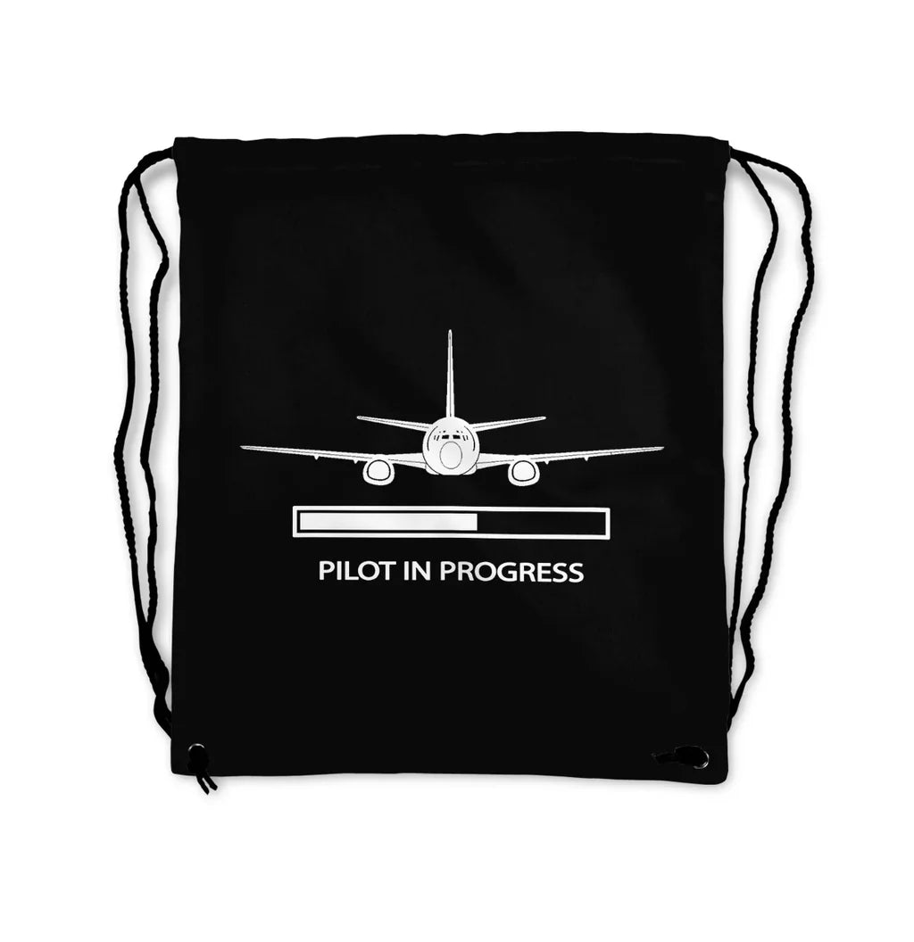 Pilot In Progress aviation drawstring bag in lightweight polyester.