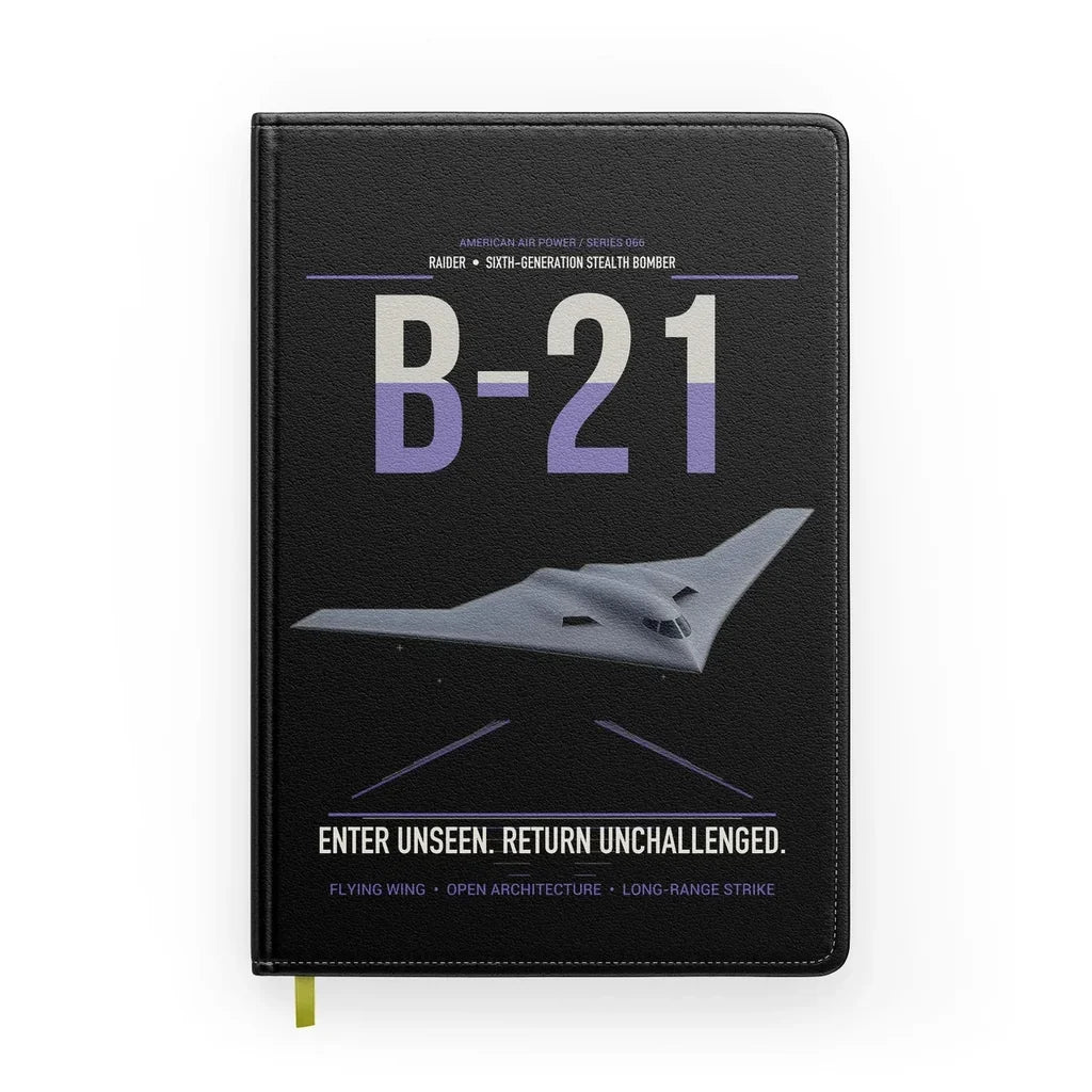 B-21 Raider design on black notebook