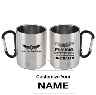 Flying One Ball aviation design on outdoor mug, durable insulated construction.