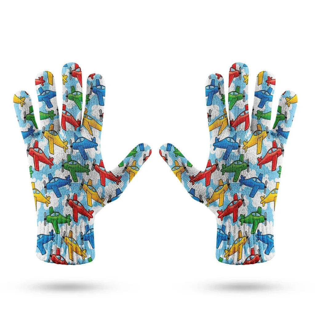 Funny Airplanes aviation design on soft knit fabric gloves.