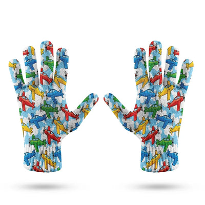 Funny Airplanes aviation design on soft knit fabric gloves.