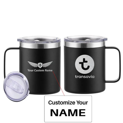 Transavia France Airlines aviation design on laser-engraved mug, permanent laser engraving on stainless.