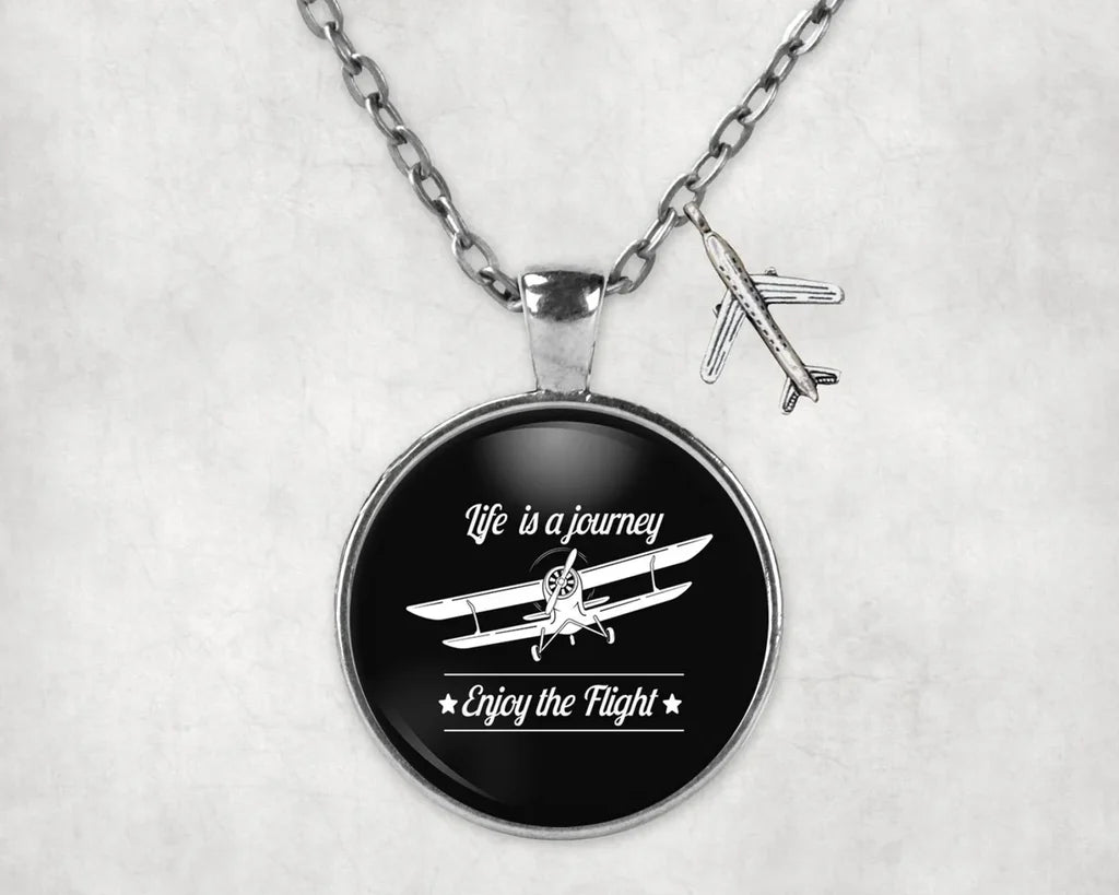Side view of Life is a journey Enjoy the Flight aviation necklace in stainless steel, polished finish.
