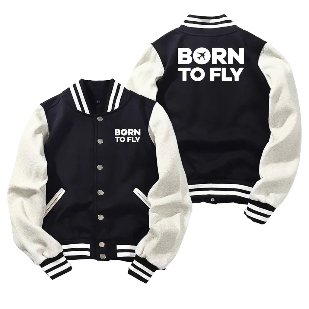 Born To Fly Special Baseball Style aviation design printed on two-tone shell with ribbed cuffs baseball jacket.