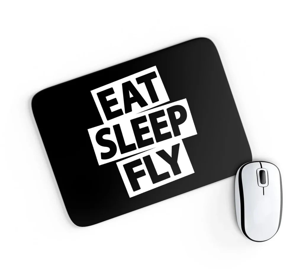Eat Sleep Fly aviation design on neoprene with anti-slip base mouse pad.