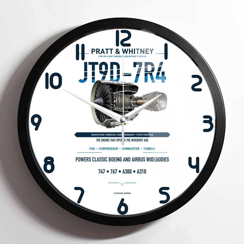 JT9D-7R4 design on white framed wall clock