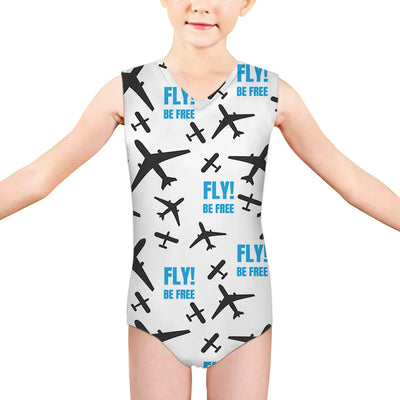 Fly Be Free White aviation print on kids quick-dry fabric swimsuit.